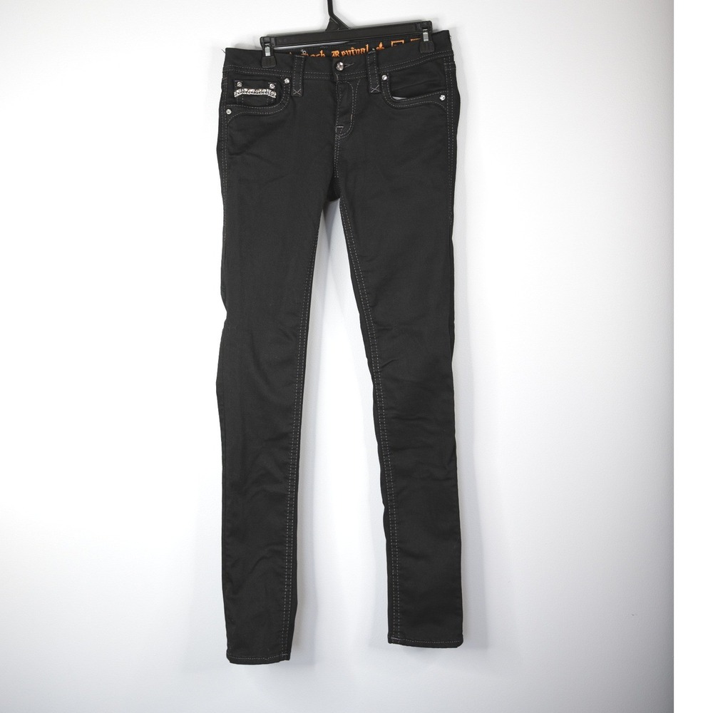 Rock Revival Skinny Jeans Women 28 Black Excellent Karla Embellished Rhinestone